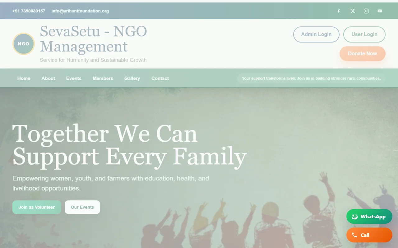 Seva Setu website — NGO Management homepage preview